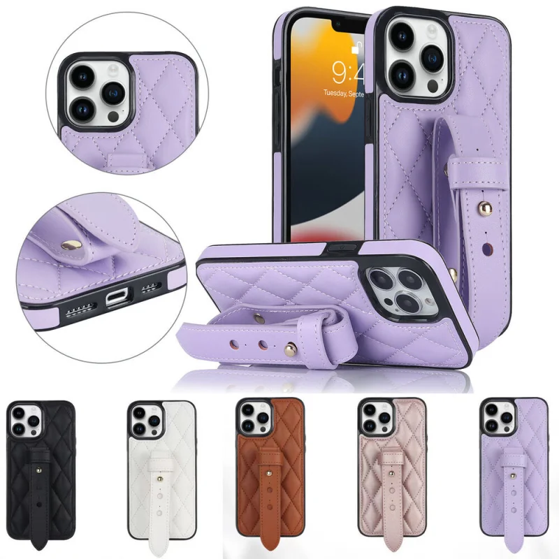 

Leather Wrist Holder Stand Soft Phone Case For iPhone 14 Plus 13 12 Mini 11 Pro Max 7 8 Plus SE X XS XR Lattice Silicone Cover