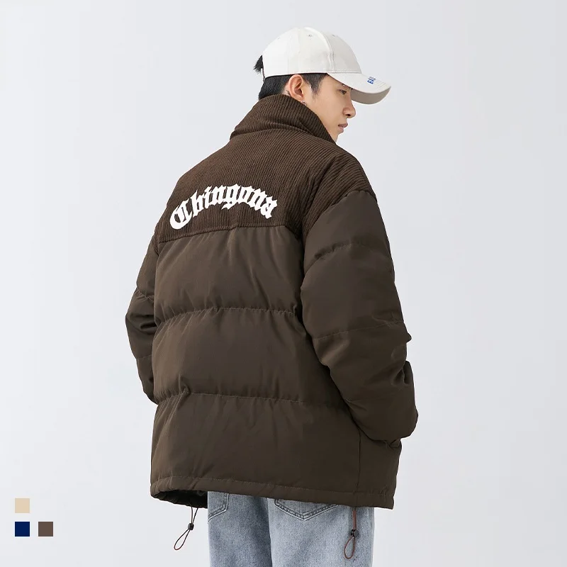 Japanese Fashion Corduroy Patchwork Warm Jacket Men Embroidery Thickened Bread Jacket Stand Collar Loose Sports Jackets Parkas