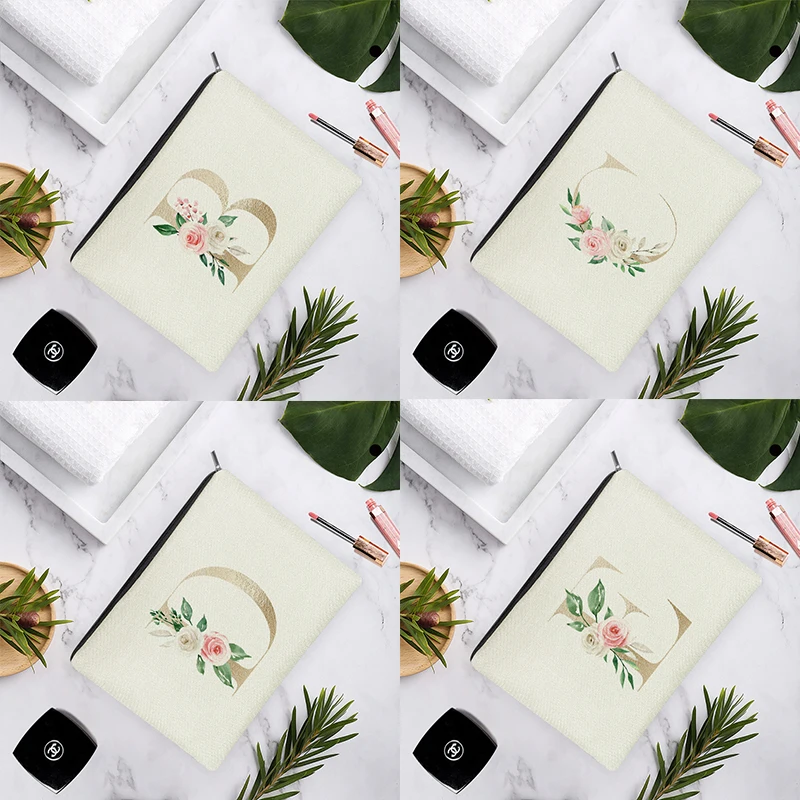

Ins Modern Pink Rose Leaves Golden English Alphabets White Linen Cosmetic Bag For Women Makeup Wedding Storage 15x22cm/18x25cm