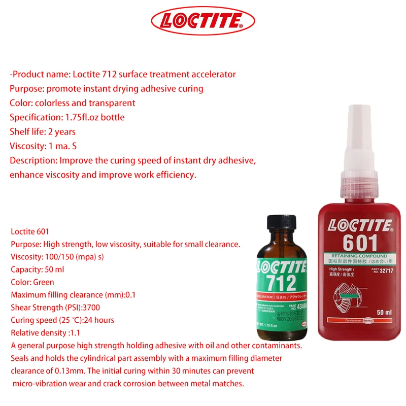 

Loctite 712 50ml Surfactant primer Surface treatment accelerator 601 50ml anaerobic locking sealant is suitable for all kinds of