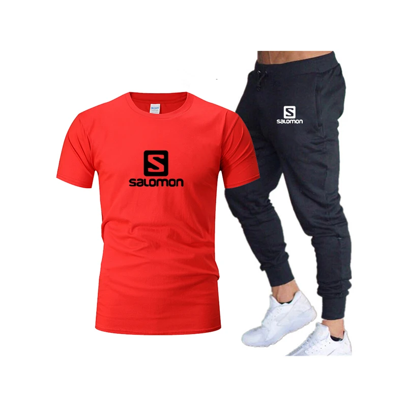 Salomon Summer Men's T-shirt Set Solid color printed Short sleeve + Stylish Tracksuit pants Quick Drying Breathable men's set