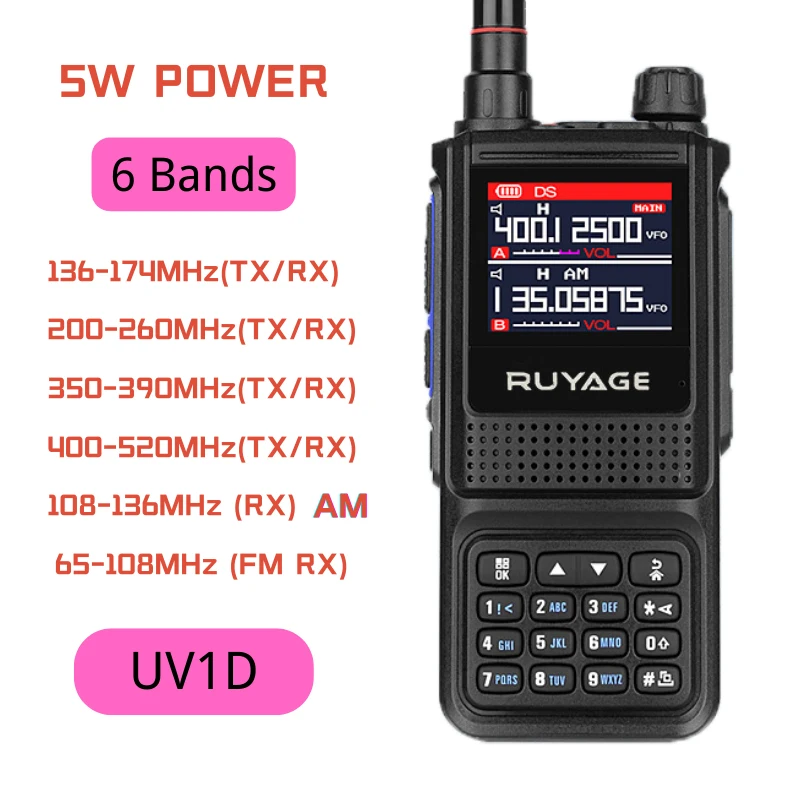 Ruyage UV1D 5W 6 Bands Amateur Ham Two Way Radio Station 256CH Air Band Walkie Talkie NOAA LCD Color Police Scanner Aviation