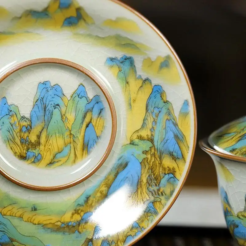 Jingdezhen Old Clay Tureen Pastel Thousand-Li Landscape Gaiwan Ceramic Blue and White Tea Bowl Gracked Glaze Supportable