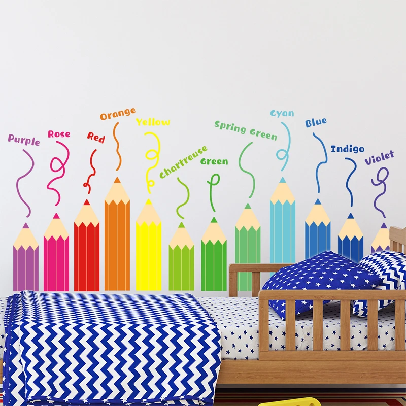 Cartoon Rainbow Crayon Wall Stickers Kids Room Bedroom Background Decoration Wallpaper Home Decor Self Adhesive Nursery Decals