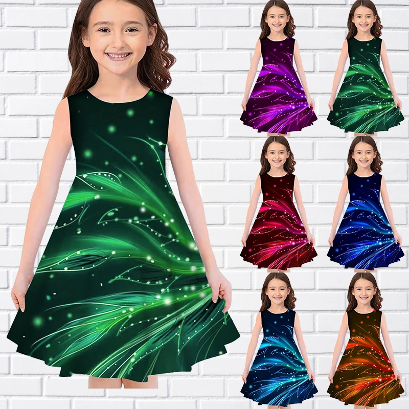 

Colorful Silk Thread Print Summer Sleeveless Girl Dress Casual O-Neck Long Dresses Fashion Girls Dresses For Eid Kids Clothing