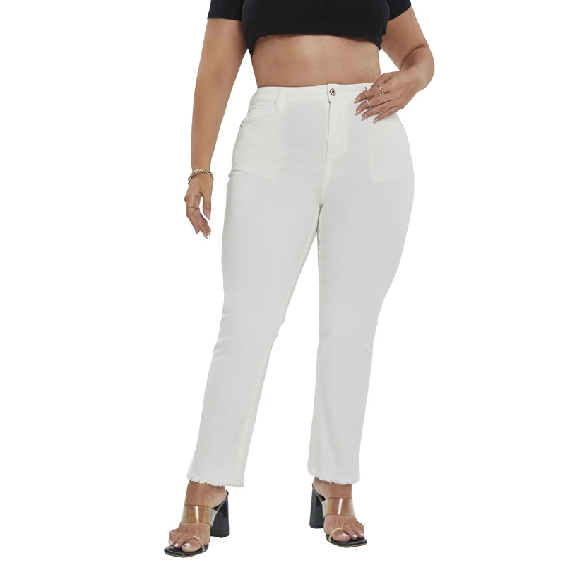 

2022 Plus Size Women White Jeans Straight High Waist Stretchy Pants 5XL 6XL Black Color Full Length Curve Large Jeans for Women