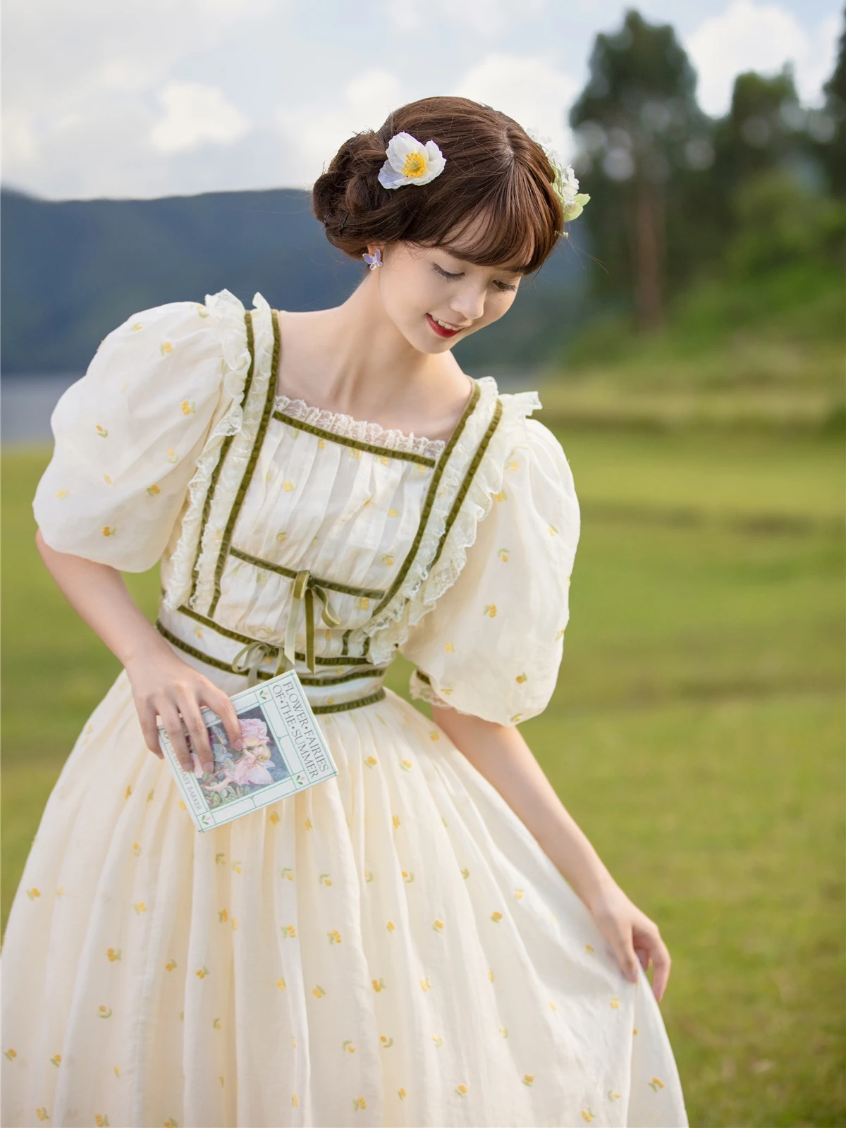 

Summer Mori Girl Style Woman Dress Vintage Cottage Embroidery Flower Lace Puff Sleeve Retro Chic Princess Dresses Vestido Festa