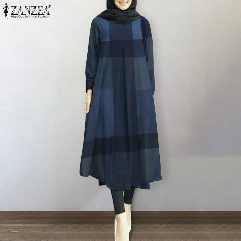 ZANZEA женское праздничное повседневное мусульманское богемное многослойное элегантное платье с длинными рукавами в клетку с принтом повсед...