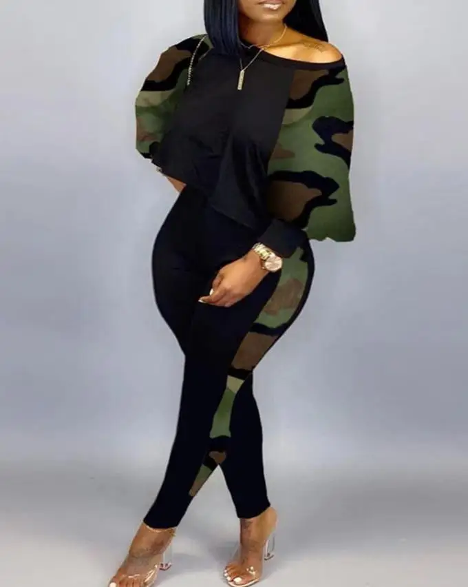 

Two Piece Sets Womens Outifits 2022 Autumn Fashion Camouflage Print Long Sleeve Casual O-Neck Top & Daily Long Pants Set