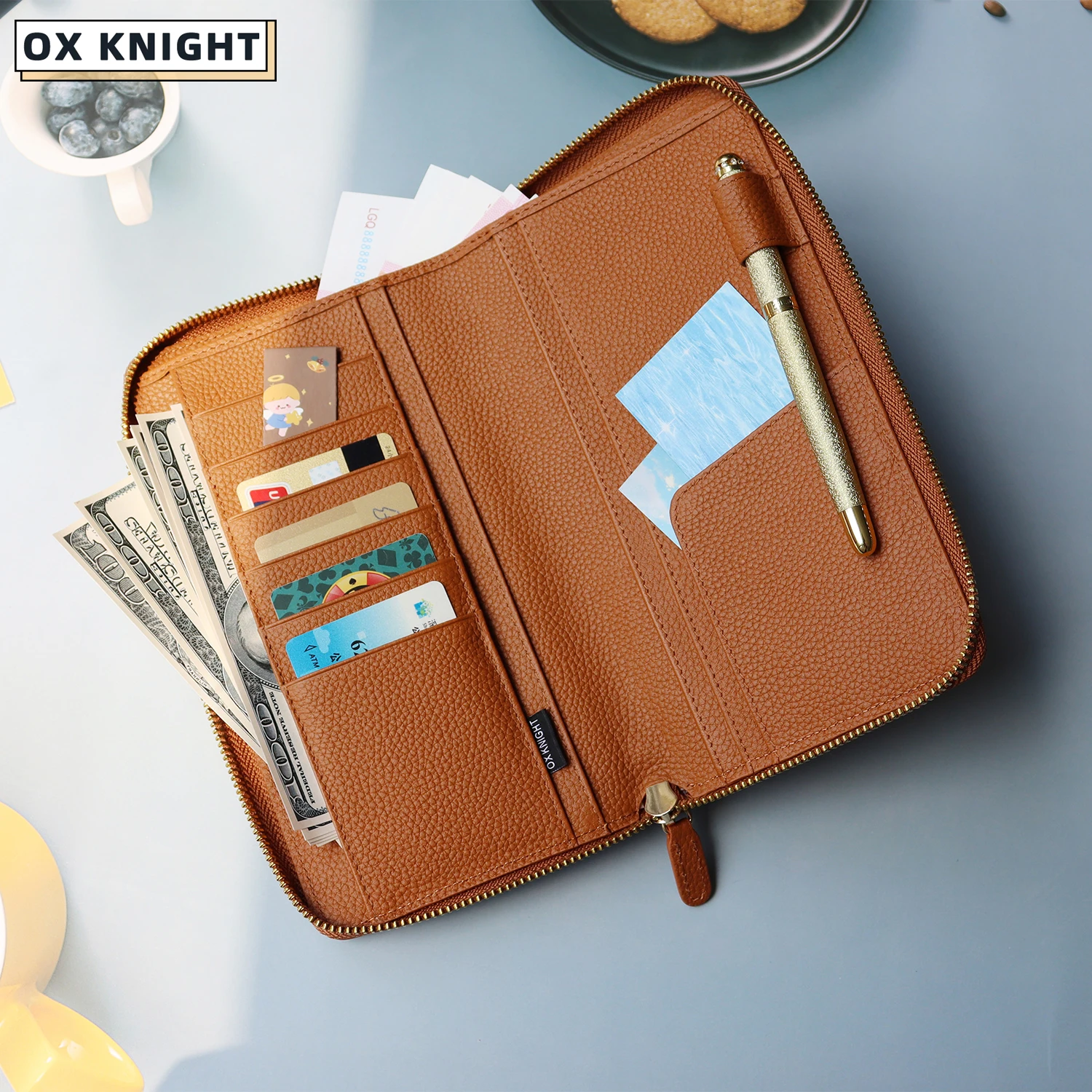 OX KNIGHT Genuine Zippered Weeks Cover Notebook Organizer Pebbled Grain Leather Planner Credit Card Holder Agenda Journal Diary