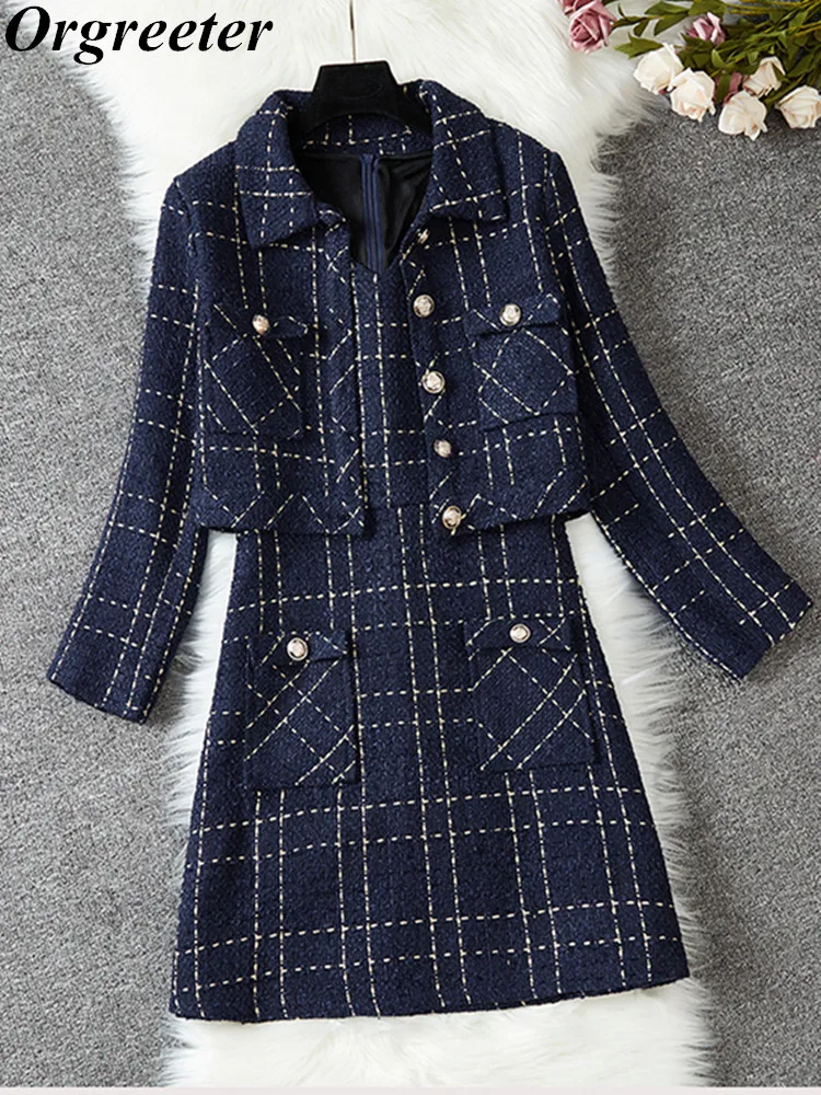

Fall Winter Vintage Plaid Tweed Jacket Tank Dress Two Piece Set Women Temperament Woolen Cropped Blazer Skirt Suits Female