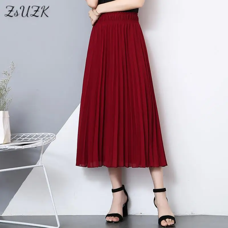 

ZUZK Summer Chiffon Pleated Skirts For Women New Elastic High Waist Fashion Mid-Length Chiffon Skirt Cool Droop Skirt Jupe