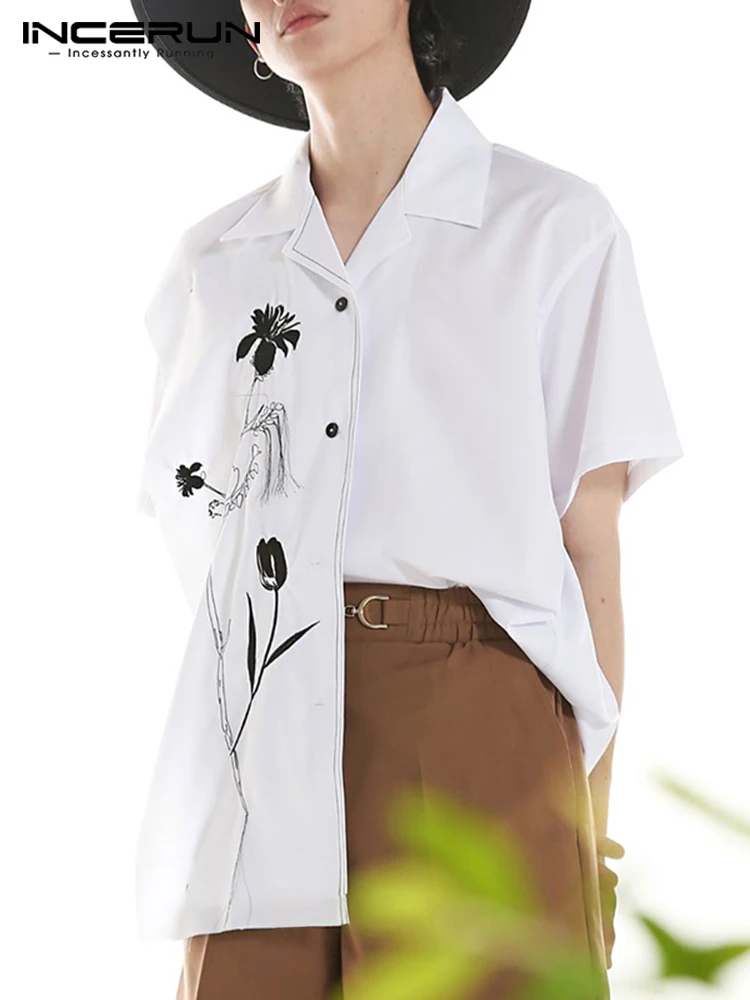 

Handsome Well Fitting Tops New Men's Irregular Printing Tassel Blouse INCERUN 2022 Lapel Collar Short Sleeve Casual Shirts S-5XL
