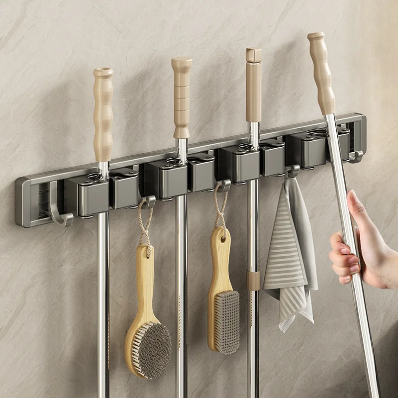 

Wall Mounted Mop Organizer Holder Pressing Buckle Brush Broom Hanger Aluminum Storage Rack For Kitchen Tool Bathroom Accessories