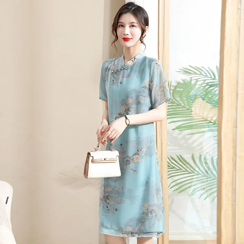 Summer 2023 Improved Version Qipao A- Line Dress Elegant Mother Print Two-Piece Feel Midlife Women's Clothing