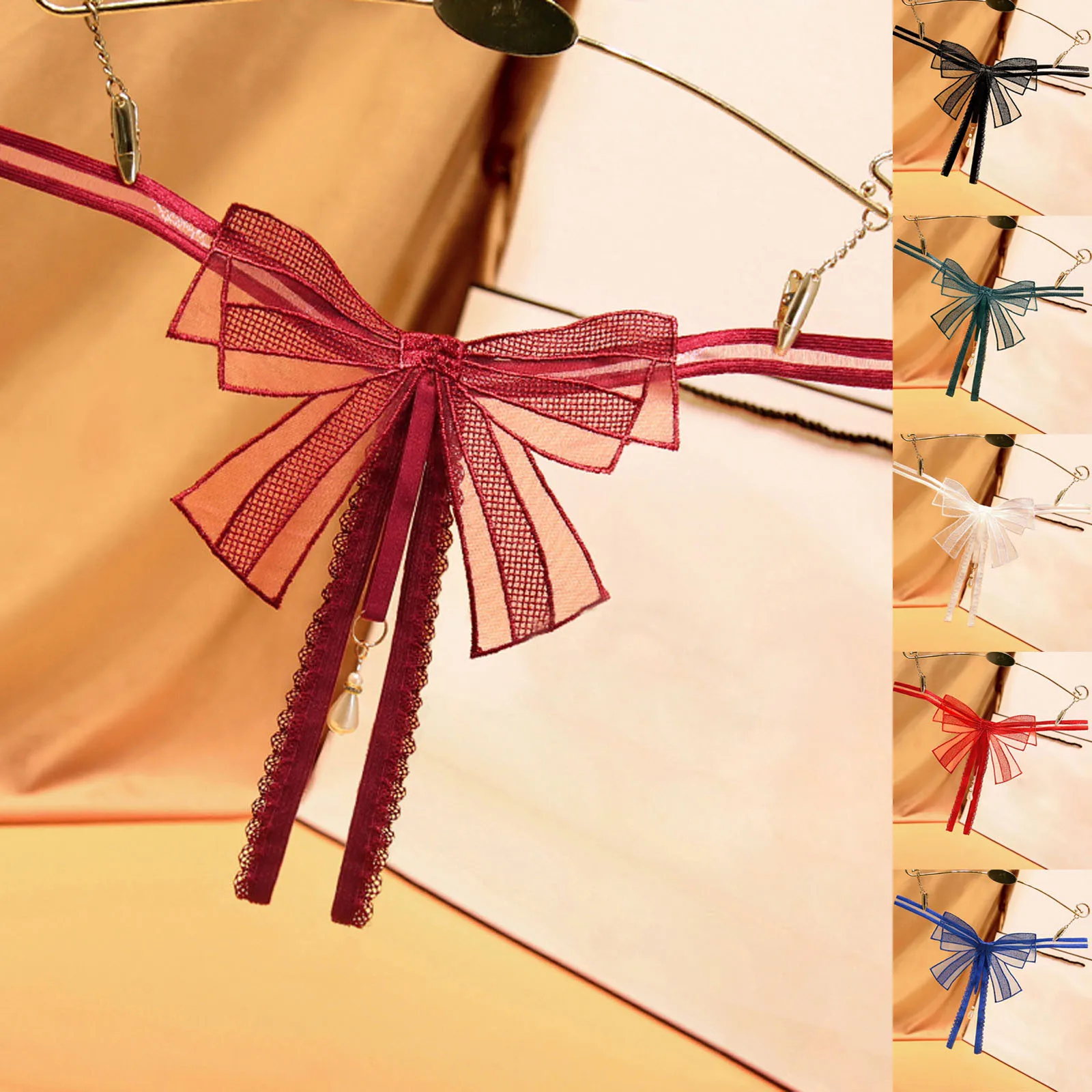 Соблазнительные кружевные стринги с бантом однотонные прозрачные