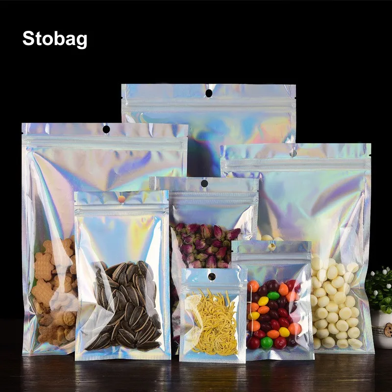 

StoBag 100pcs Laser Ziplock Bags Hanging Hole Transparent Packaging Small Gift for Jewelry Candy Snack Storage Reusable Pouch