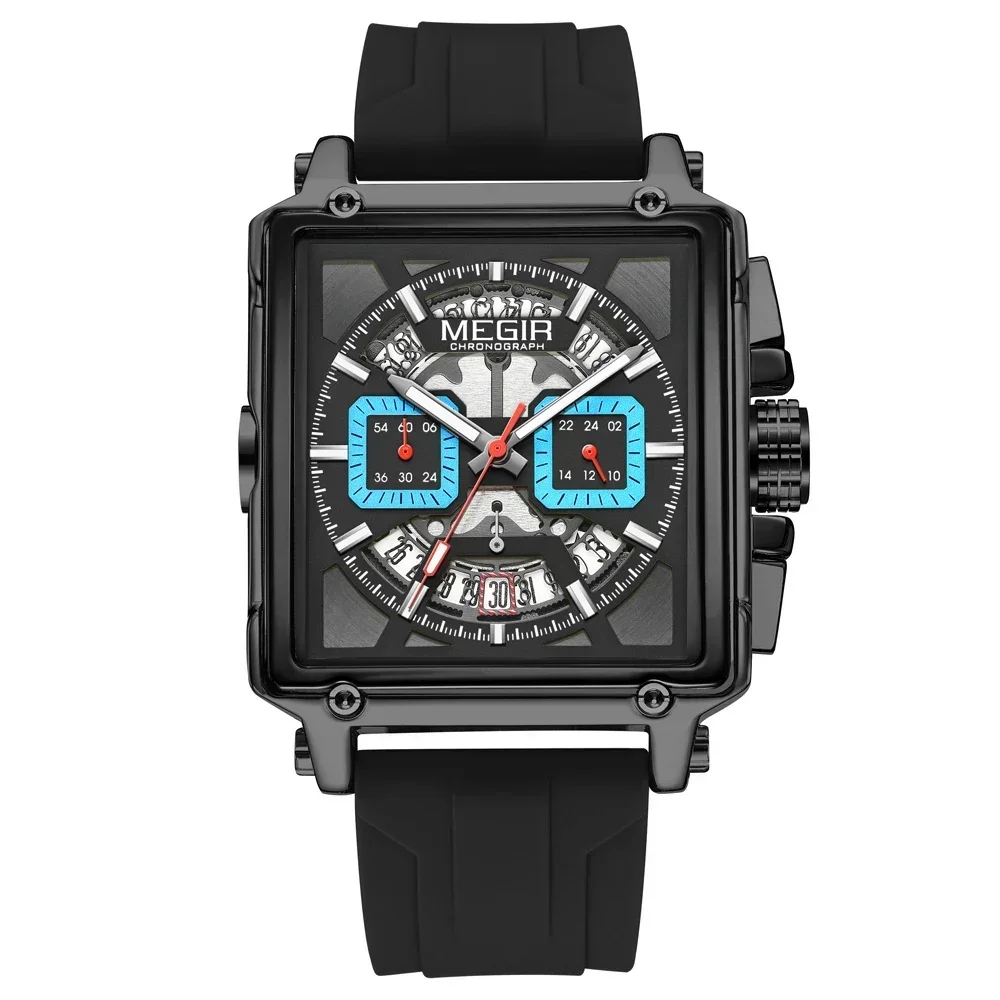 MEGIR черный квадратный циферблат модные мужские кварцевые часы с хронографом