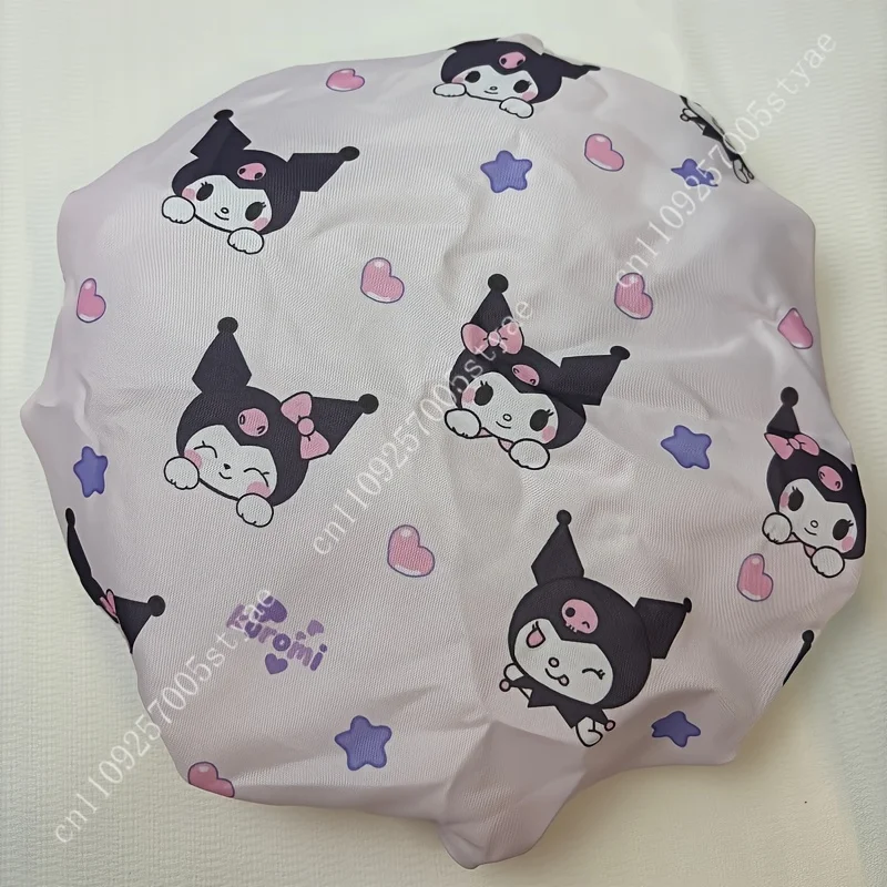 Фото Шапочка для душа Sanrio Kuromi, высококачественная, утолщенная, двухслойная, с мультяшным рисунком в виде сердечек и звезд, для женщин, для домашнего использования №5