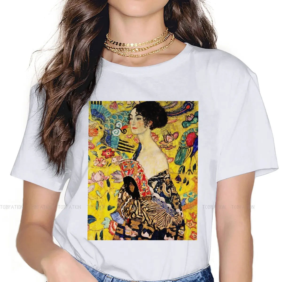 

Lady with Fan Female Shirts Gustav Klimt Painting Large Vintage Women Tshirts Harajuku Casual Feminine Blusas