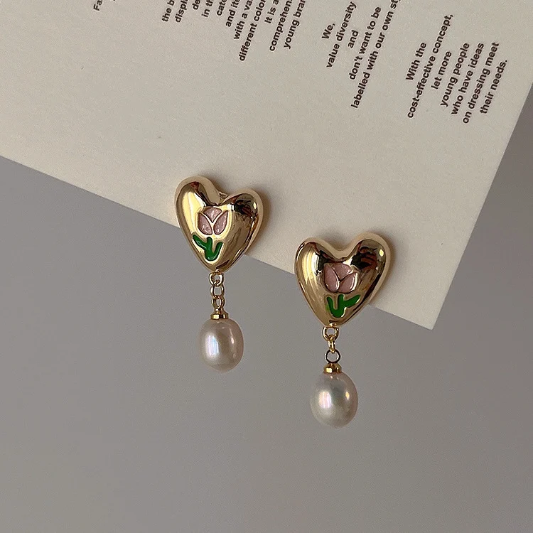 

Natural Freshwater Pearl Water Drop Pendant Retro French Love Tulip Drip Glazed All-Match Earrings Ear Studs