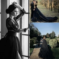 country black gothic wedding dresses 2020 v neck illusion top lace long sleeves sexy high split slits bridal gowns