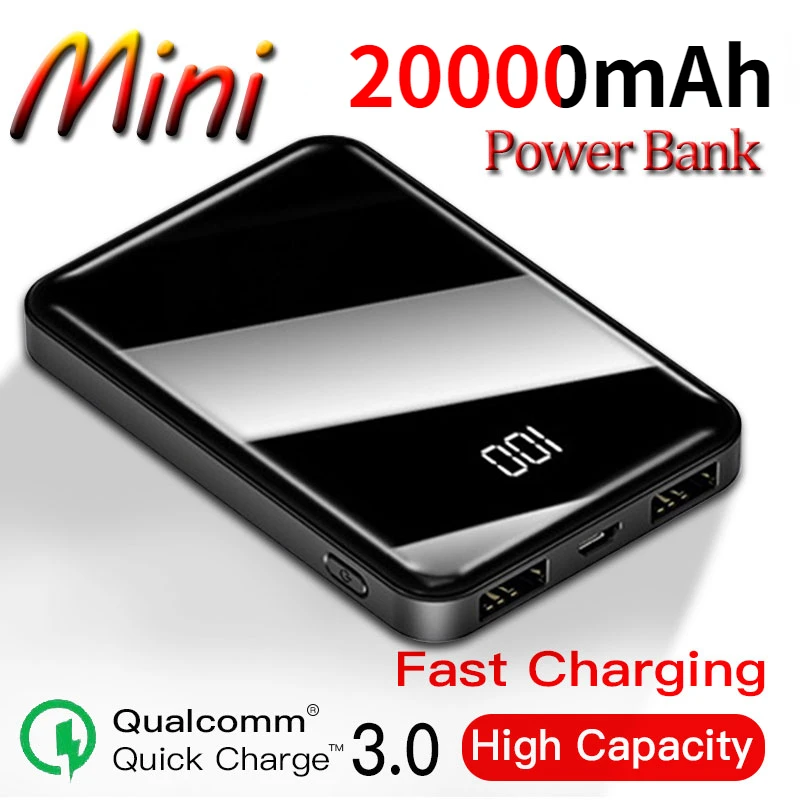 

Mini Power Bank with Two-Way Fast Charging, Battery Charger, Digital Display, External Battery for iPhone, Xiaomi, 20000mAh