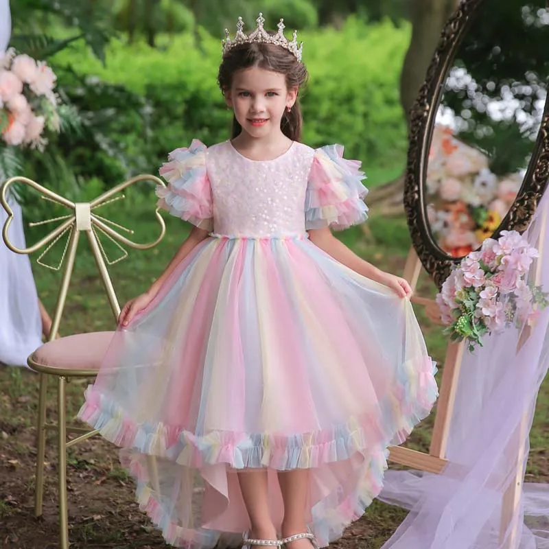 

2022 Sequin Summer Party Dress for Girls Luxury Wedding Ceremony Kids Ball Gown Trailing Tutu Frocks Teenager 2 to 12 Years