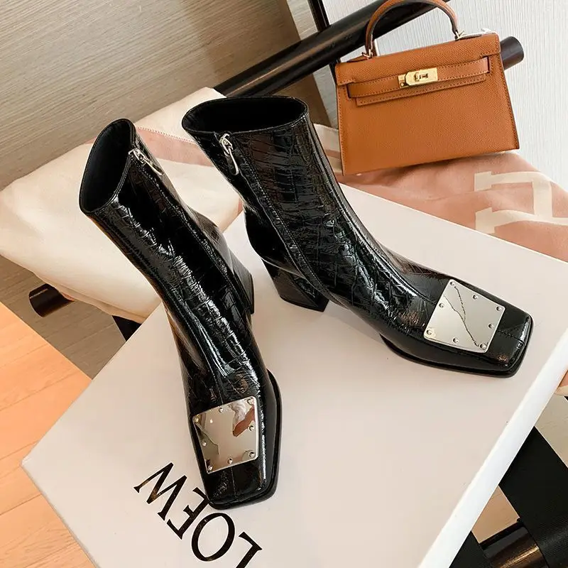Modern Boots Thick Heel Square Toe Waterproof Non-slip Inner Zipper Autumn and Winter Fashion Shoes for Women 2022 New