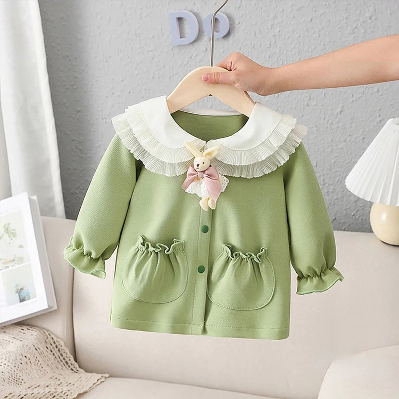 

Kids Cardigan Girls Spring Lantern Sleeve Jackets Children Outerwear Baby Clothes with 2 Pockets Beige 0-4Y