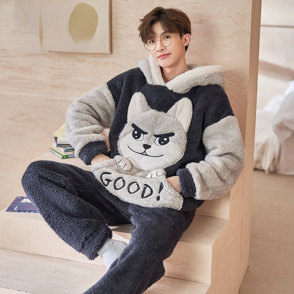 Winter Pajamas for Men 2022 Flannel Large Size 5XL Thick Warm Cartoon Nightwear Kigurumi Adult with Hood Men Pajamas Lounge Set