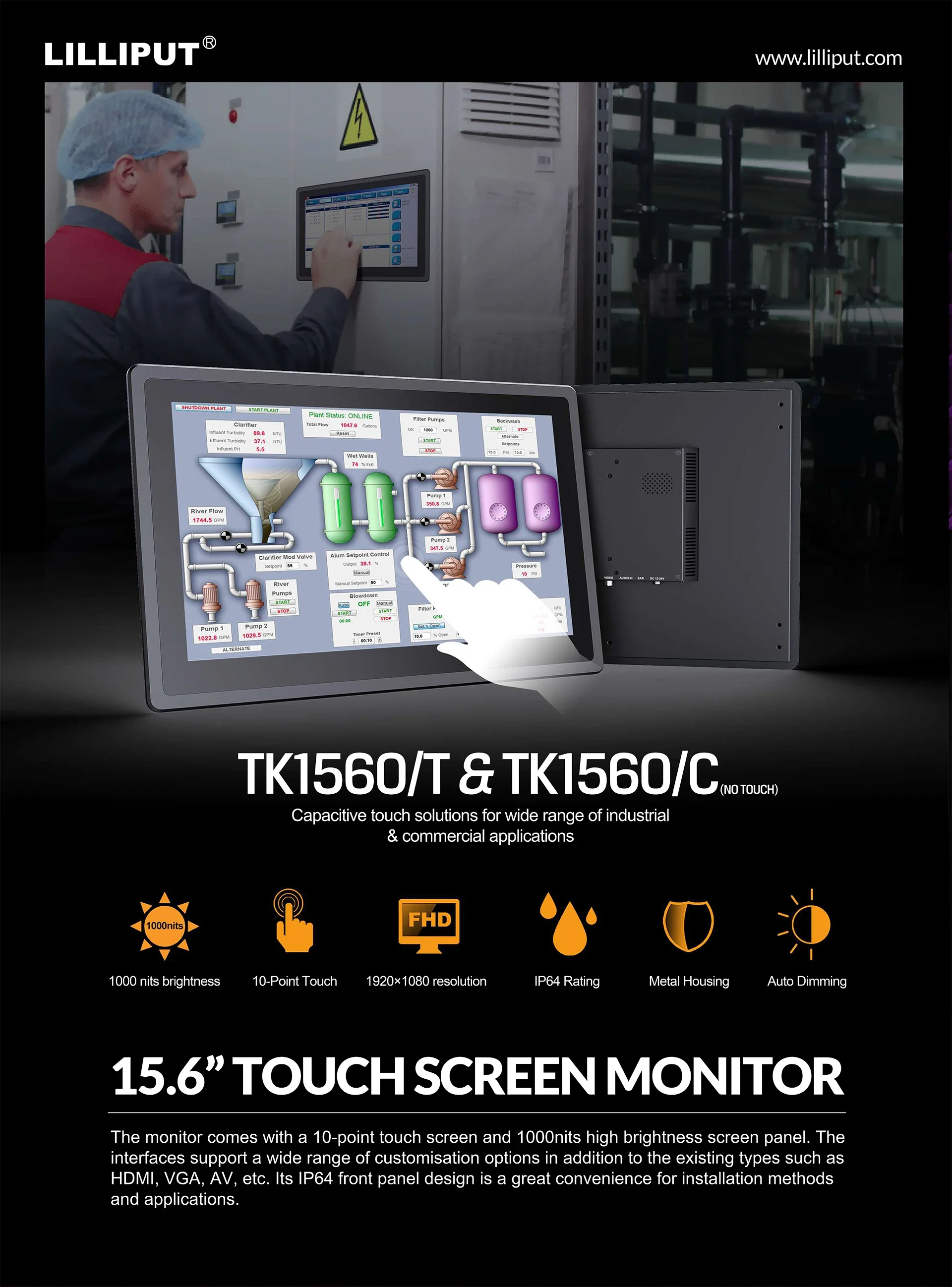 Lilliput TK1560 15 6-дюймовый сенсорный экран высокой яркости промышленный ЖК-дисплей