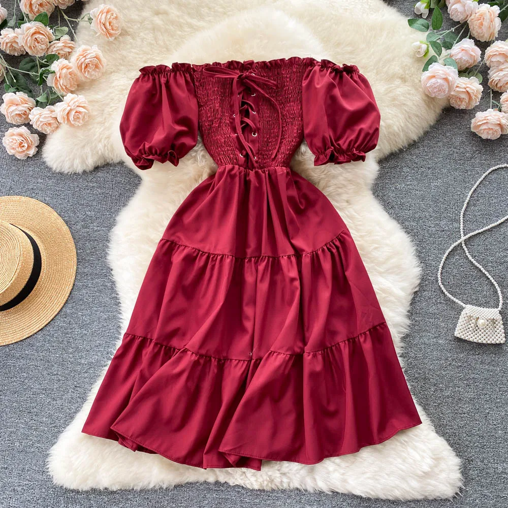 

One-shoulder Lace French Dress Women's Summer Sweet Fungus Edge Short-sleeved Dress High-waisted Thin Puffy Dress