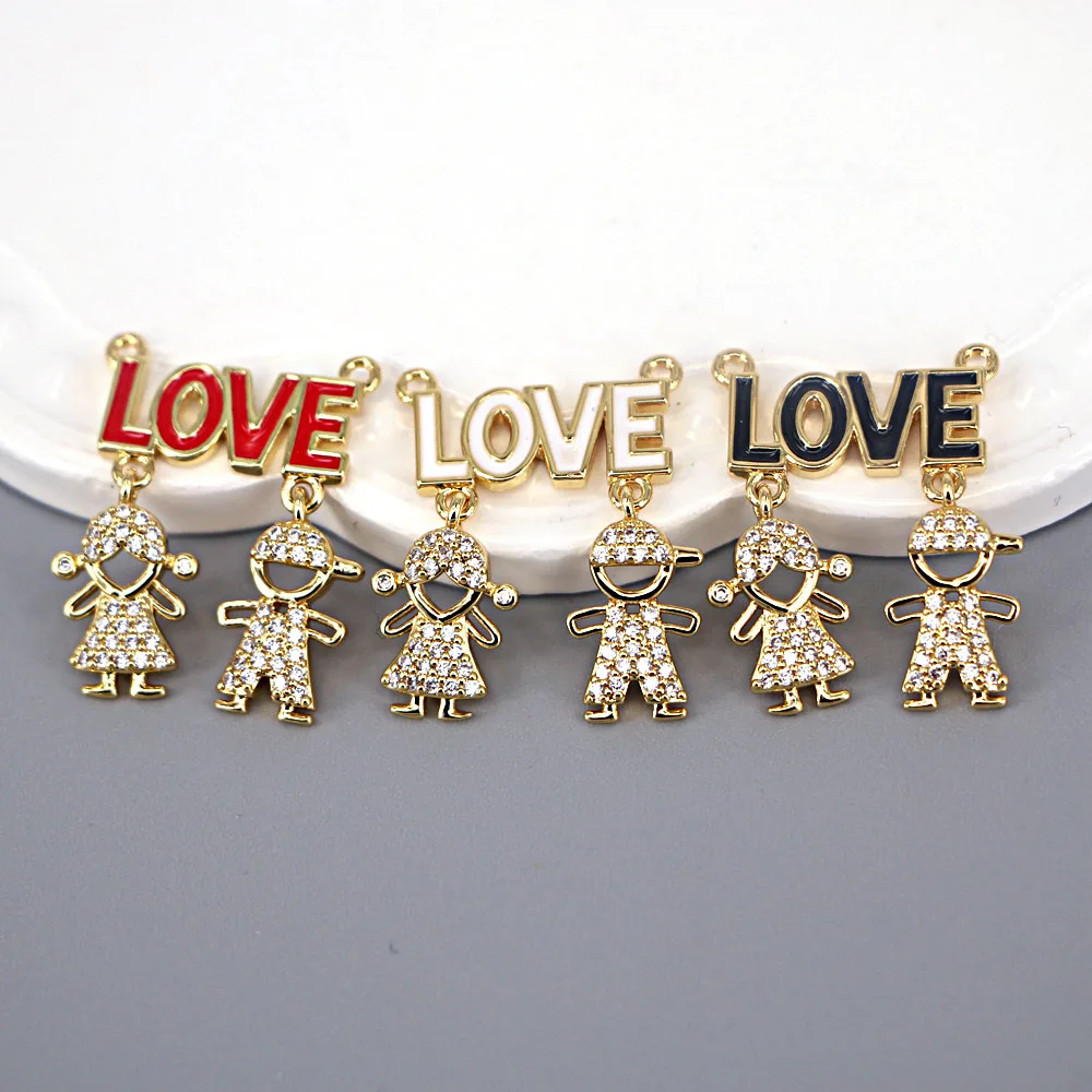 

5PCS, Crystal Zircon Enamel Love Boy or Girl Gold Charms Pendants For Necklace Couple Jewelry Making Bijoux Woman Accessories