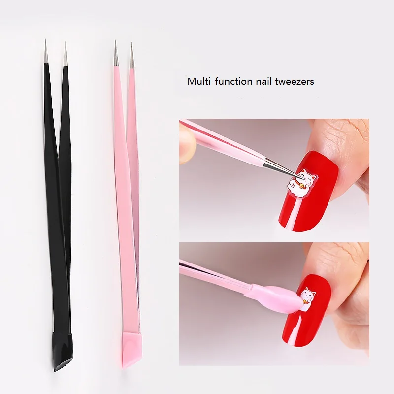 Manicure Nail Tweezers Rhinestones Gems Stickers Picker With Silicone 3D Nail Applicator Straight Multi Function Nail Art Tool