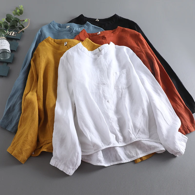 

Весенняя новая однотонная женская рубашка с воротником-стойкой, топы с длинными рукавами JinDa0218