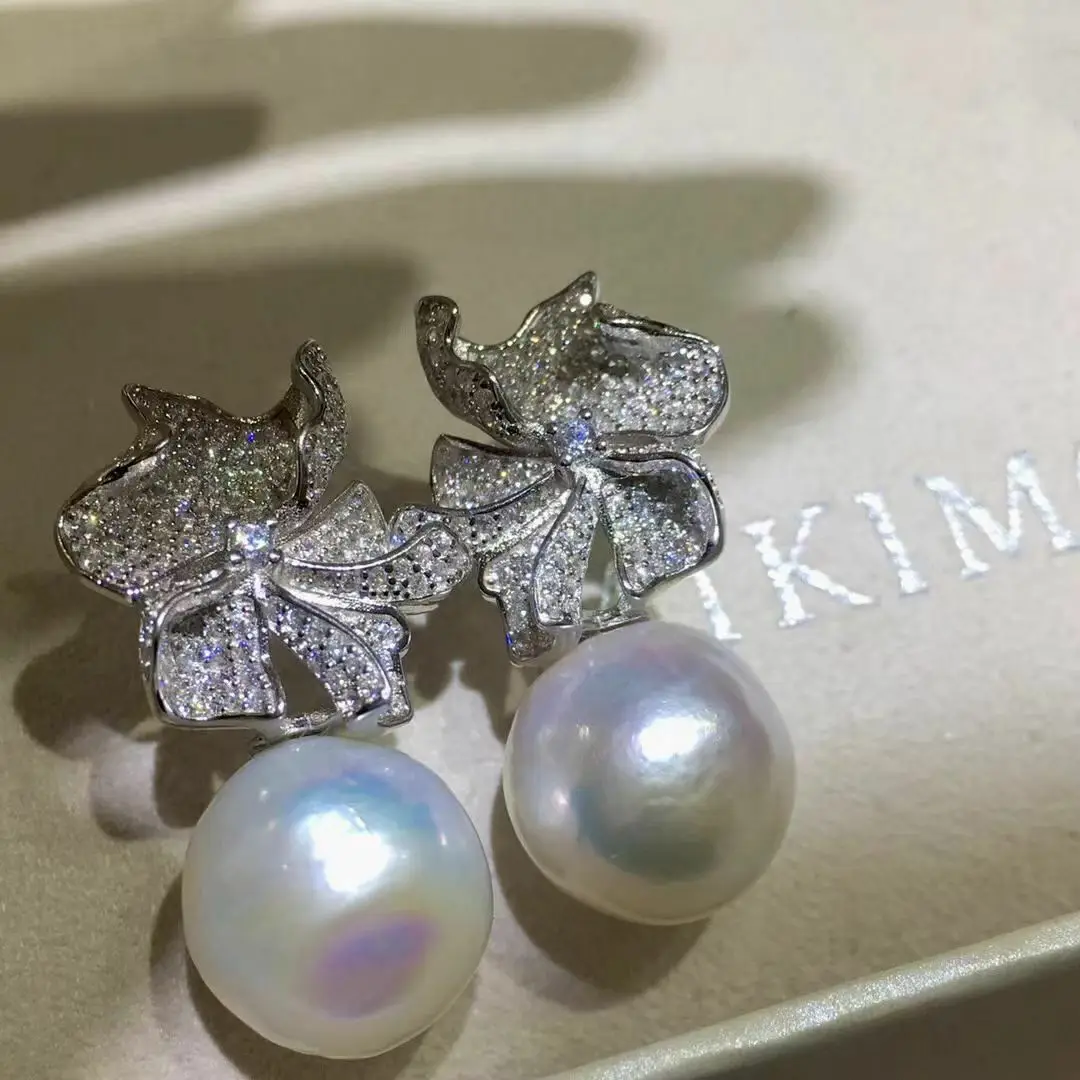 Charming 10-11mm South Sea Baroque White Pearl Dangoe Earring 925s
