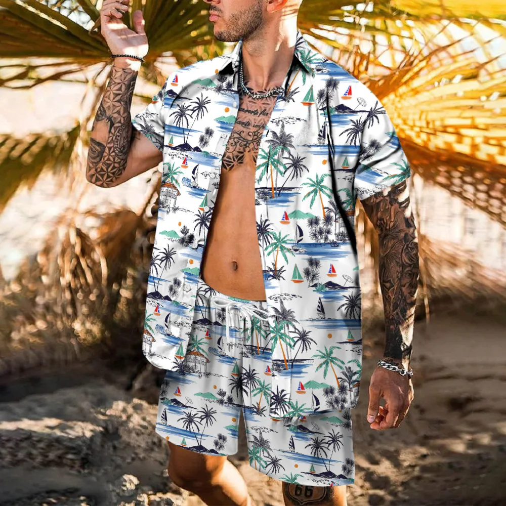 

Новинка 2022, мужской костюм из гавайской футболки, крутой мужской костюм с 3D принтом, повседневный пляжный костюм с шортами, уличная трендова...