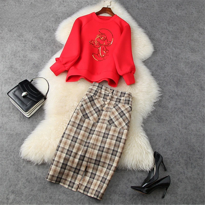 

Top and Plaid Pencil Skirt Suit Set Casual Office Lady Twinset High Street Fashion Women Long Sleeve Sequined Loose Hoodies