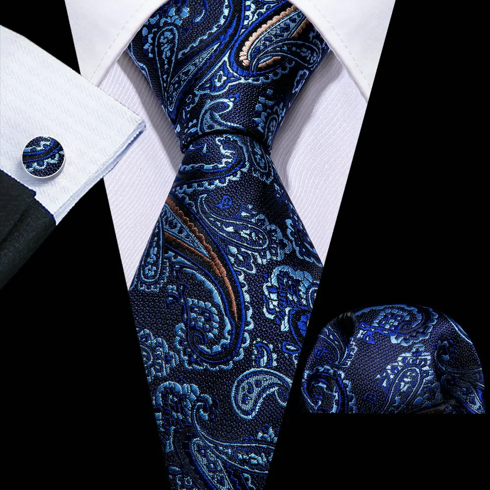 

Black Fashion Navy Paisley Men Silk Necktie Brooches Men Tie Handkerchief Cufflinks Sets Men Gift Barry.Wang Designer FA-5838