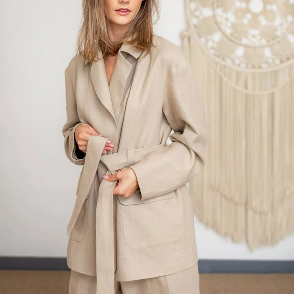Simple Linen Women Suit Oversized 2 Piece- Blazer and Trousers Soft Washed Pants with Jacket. Office outfit.
