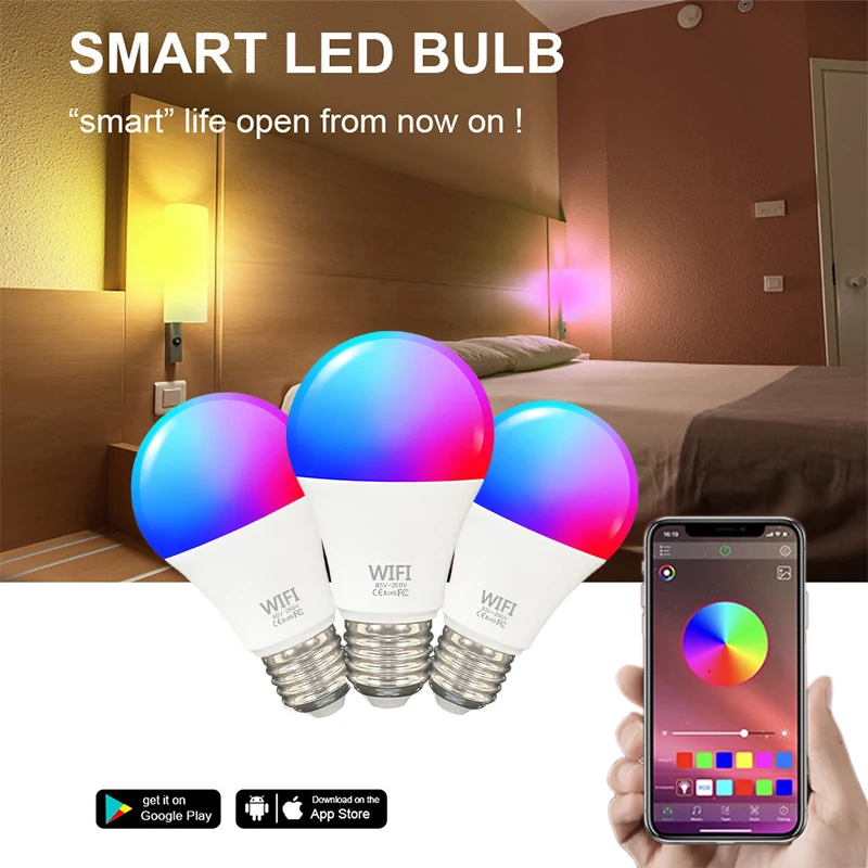 

AC100-240V Smart Home LED Bulb E27 RGBW Colorful Wifi Bulb 15W RGB Timing Lampada Changeable LED Lamp With Music Rhythm Function