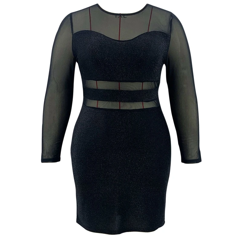 

Womens Crewneck Glitter Mini Dress Solid Color Short Length Long Sleeve See Through Mesh Patchwork Slim Fitted Clubwear