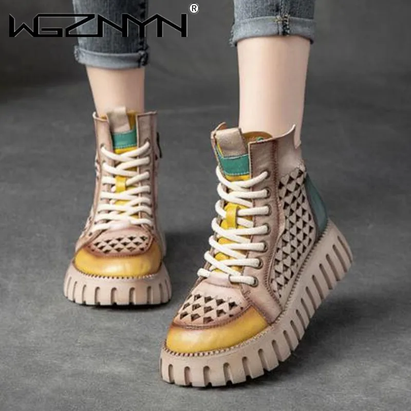

Summer Retro Style Zip Hollow Sandals Wedges Platform Cross-tied Sewing Mixed Colors Genuine PU Leather Women Gladiator Sandals