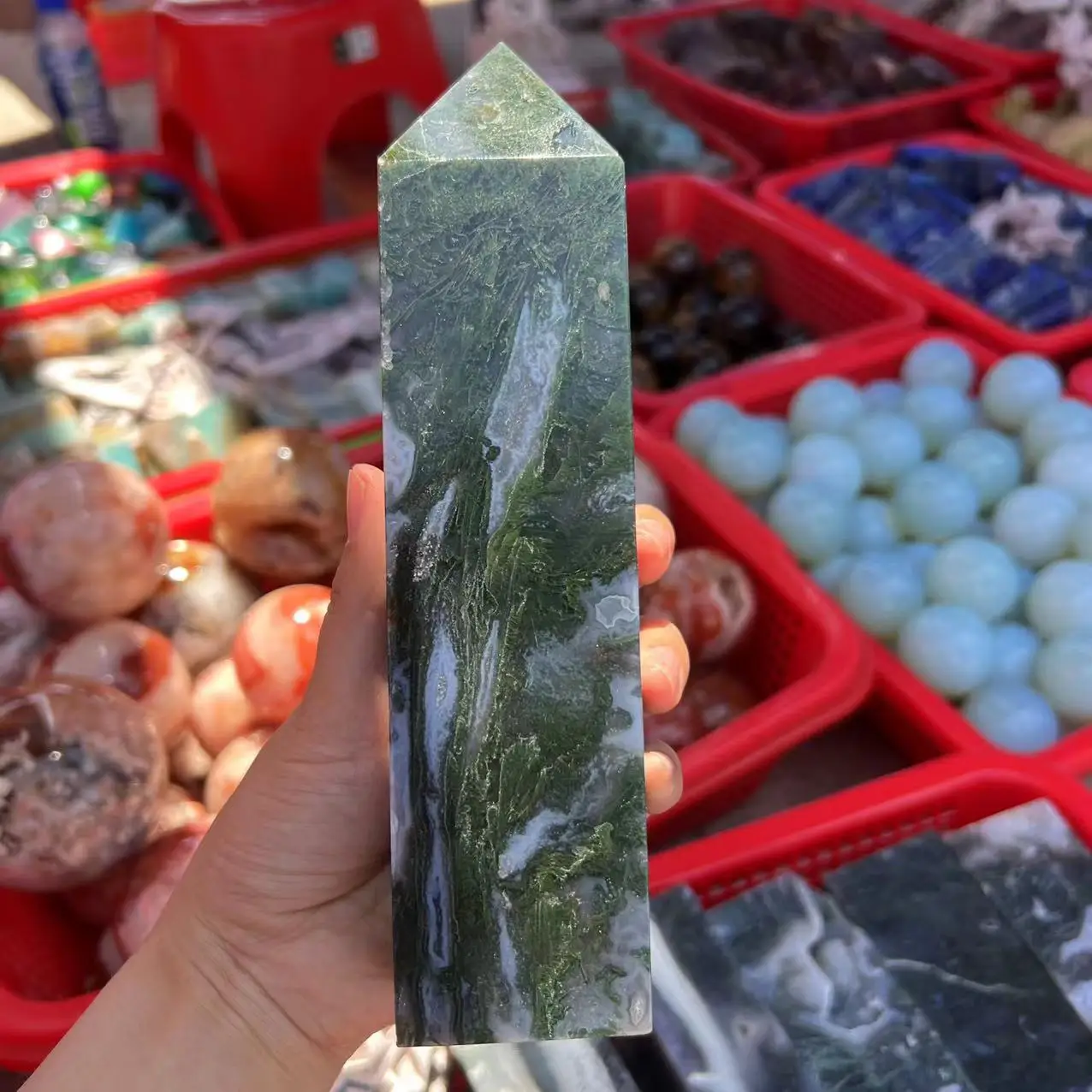 

1000g Large Moss Agate Crystal Tower Natural Aquatic Agate Crystal Wand Reiki Healing