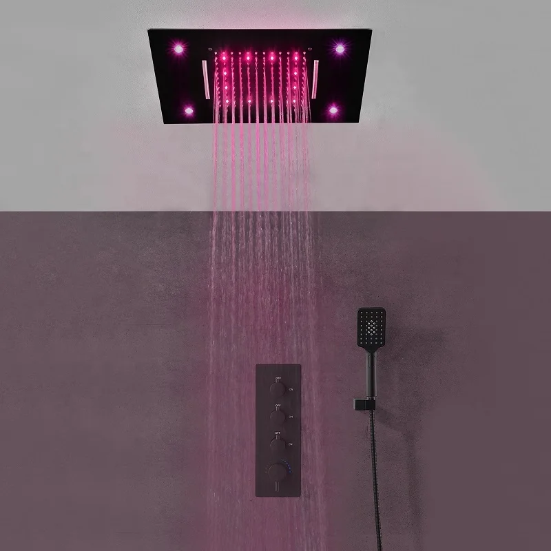 Фото Умный душевой набор для ванной комнаты: роскошная душевая лейка с LED-подсветкой, черная, с эффектом водопада/тропического дождя, ручной душ №4