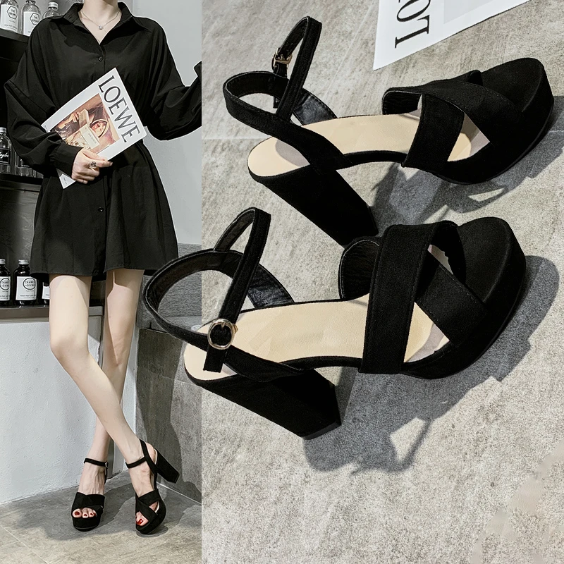 Women Peep Toe Sandals 2023 New Summer Heels Square high Heel Ankle Buckle Hollow Out Shoes pumps black Female Footware