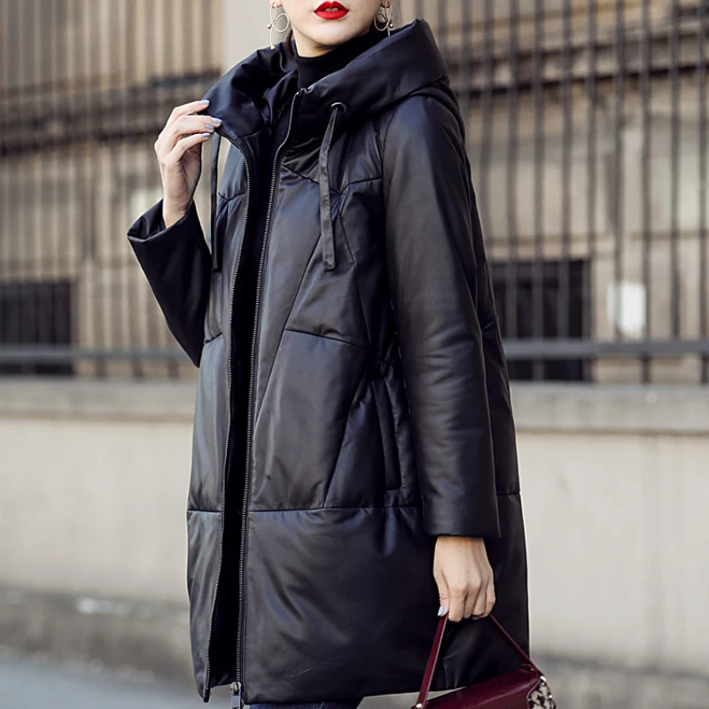 

Black Mid-length Down Coat Korean Loosen Sheepskin Leather Jacket Women Autumn Winter Fashion Leather Coat Warm Overcoat Zm1031