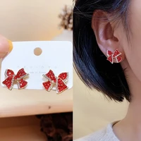 korean elegant red bow stud earrings ladies shiny rhinestone earrings fashion sweet wedding jewelry