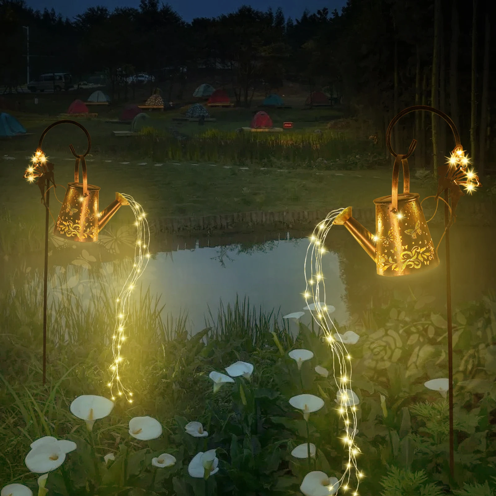 

Retro Metal Kettle String Lights Decorative Solar Fairy Lights Hanging Solar Lantern Decor Sprinkle Landscape Lamps for Mom Gift